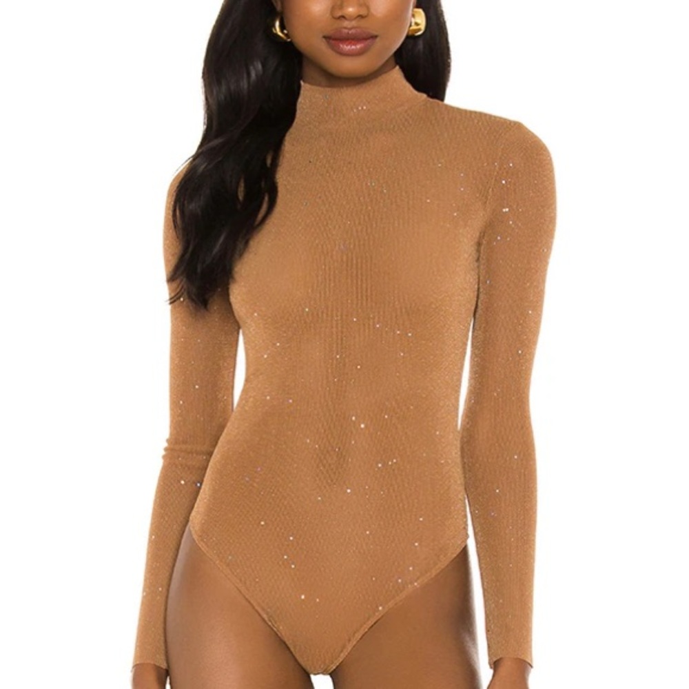 Sparkly Mesh Long Sleeve Bodysuit - Toffee